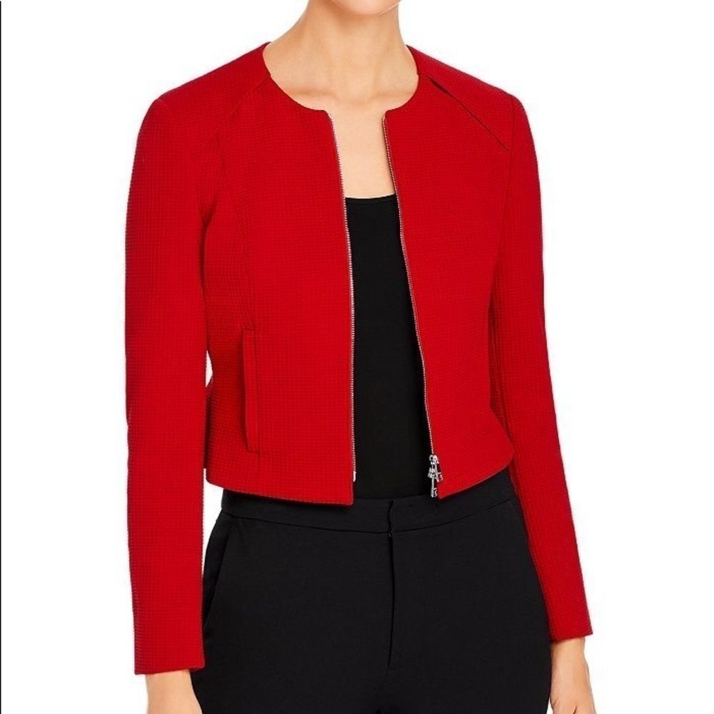 BOSS Jaculia Houndstooth Zip Red Jacket Size 14 - Picture 2 of 14